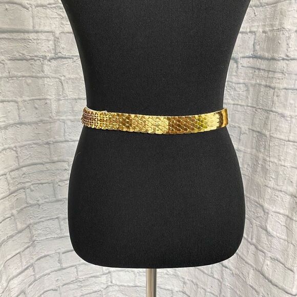 Gold scale belt w/decorative leaf buckle elastic stretch & clasp hook closure - Picture 3 of 9
